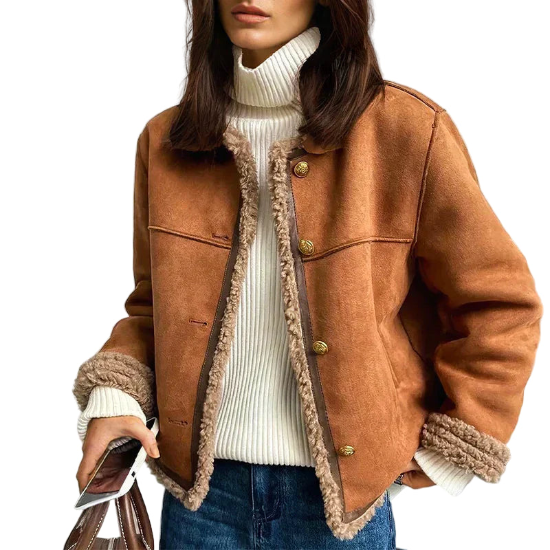 Veste d’hiver boutonnée pour femme avec bordure en fausse peau lainée et manches à poignets