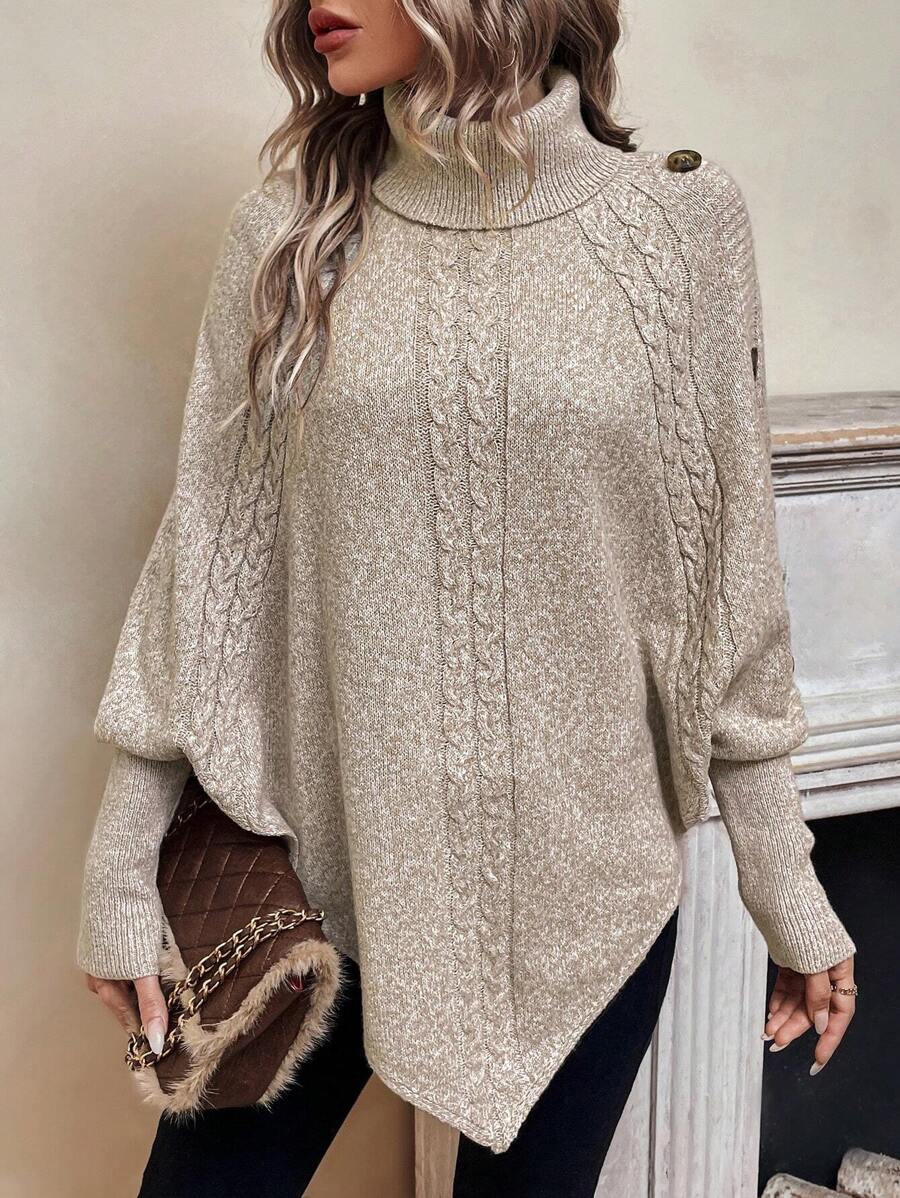 Women's Cable Knit Jumper – Turtleneck, Button Shoulder, Pointed Hem front view