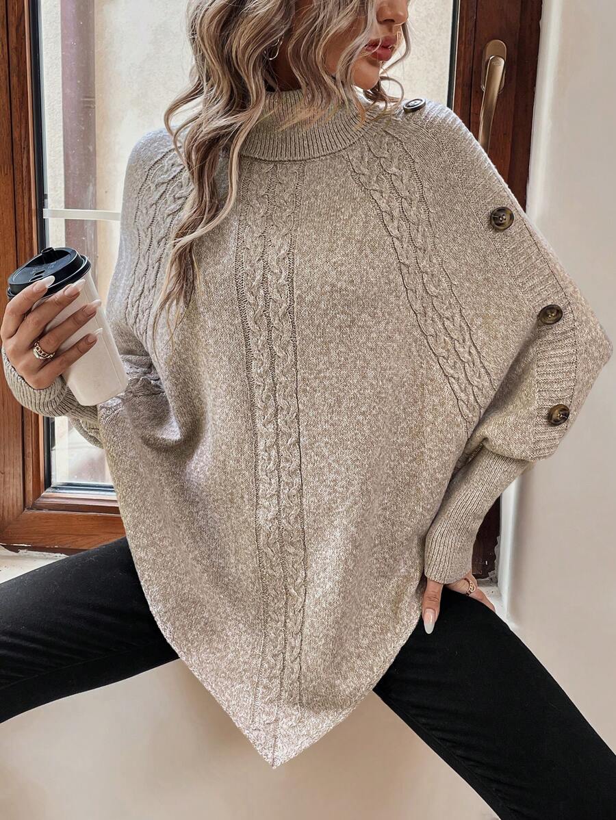 Women's Cable Knit Jumper – Turtleneck, Button Shoulder, Pointed Hem knit texture close-up