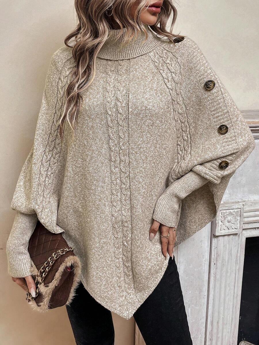Women's Cable Knit Jumper – Turtleneck, Button Shoulder, Pointed Hem turtleneck detail