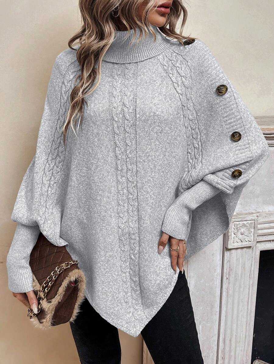 Women's Cable Knit Jumper – Turtleneck, Button Shoulder, Pointed Hem button shoulder detail