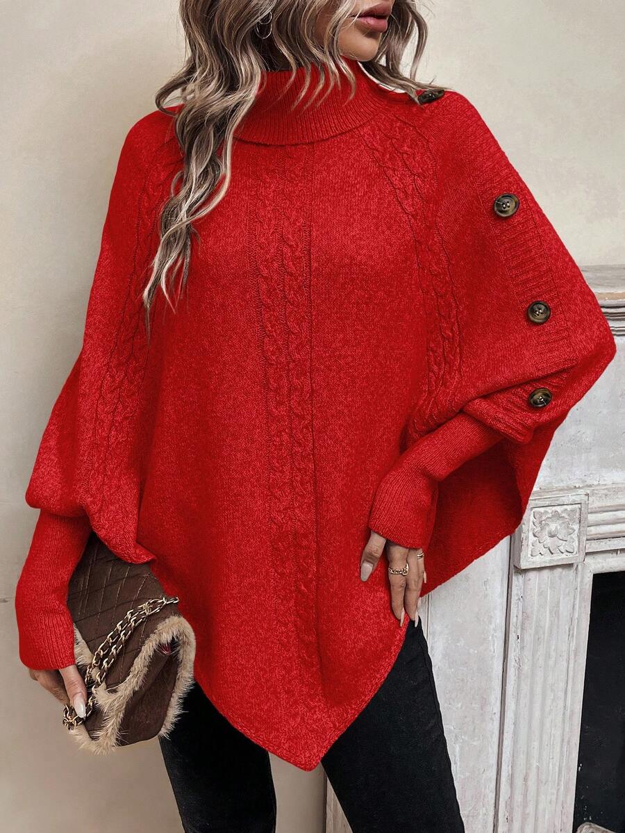 Women's Cable Knit Jumper – Turtleneck, Button Shoulder, Pointed Hem back view