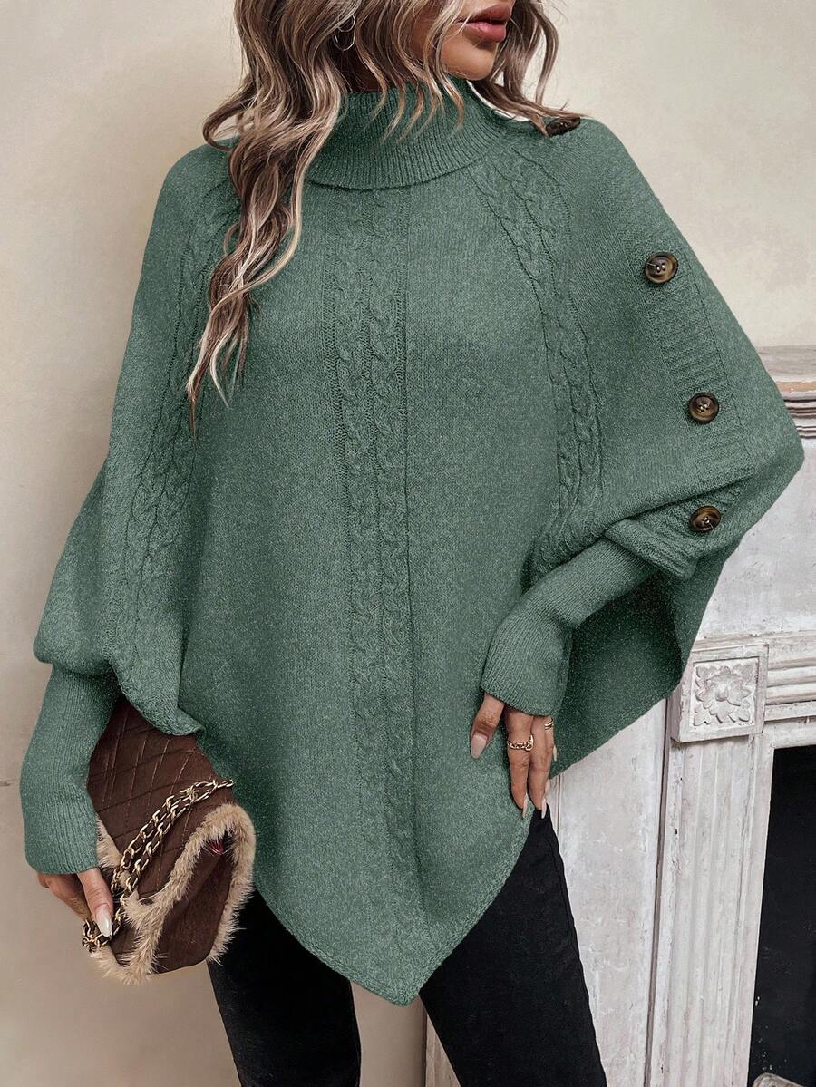 Women's Cable Knit Jumper – Turtleneck, Button Shoulder, Pointed Hem pointed hem detail