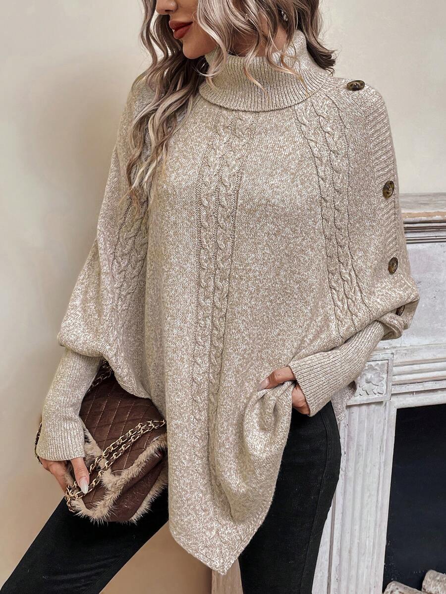 Women's Cable Knit Jumper – Turtleneck, Button Shoulder, Pointed Hem sleeve cuff detail