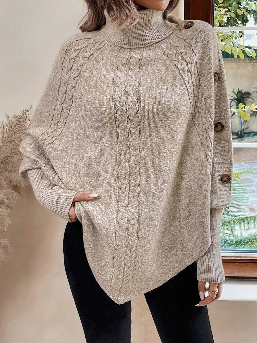 Women's Cable Knit Jumper – Turtleneck, Button Shoulder, Pointed Hem side view