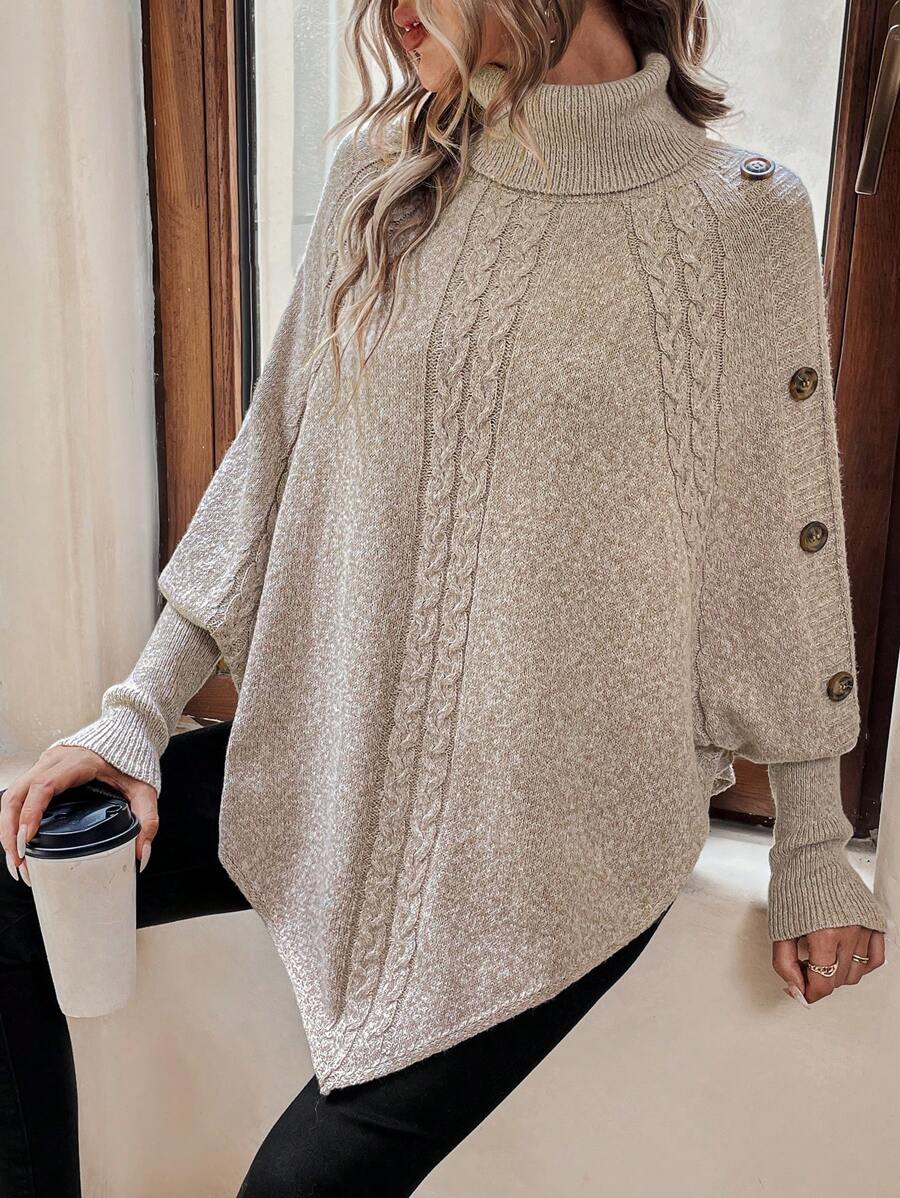 Women's Cable Knit Jumper – Turtleneck, Button Shoulder, Pointed Hem full length view