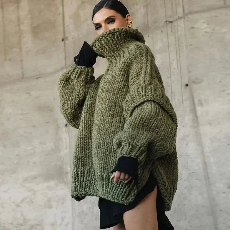 Women's Chunky Turtleneck Knit Jumper – Oversized Fit, Ribbed Hem showing textured knit and hem