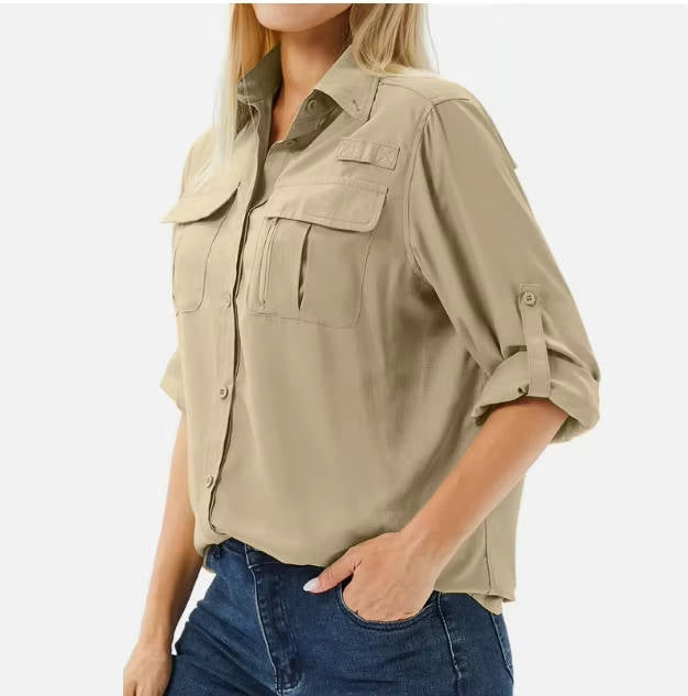 Women's Convertible Long Sleeve Shirt – Mesh Back, Button-Roll Cuffs, Stand Collar full length view