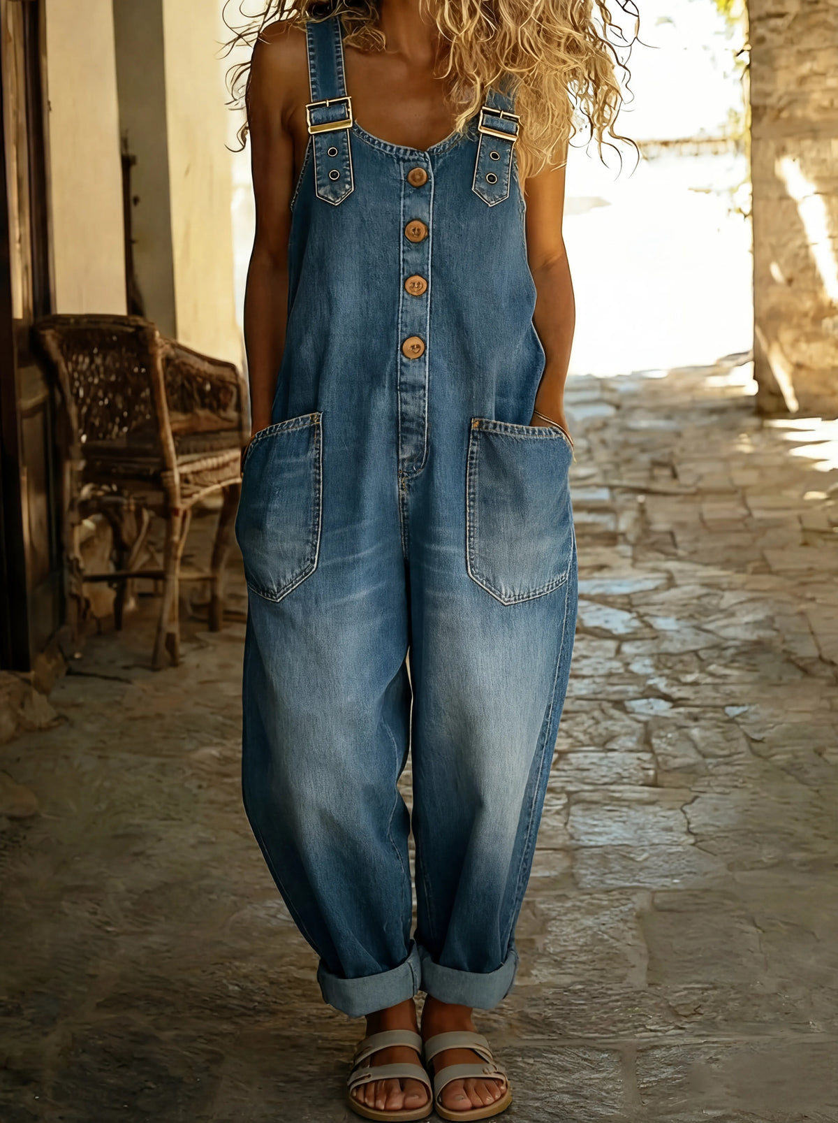 Women's Denim Overall Jumpsuit – Buckle Straps, Wide Leg front view