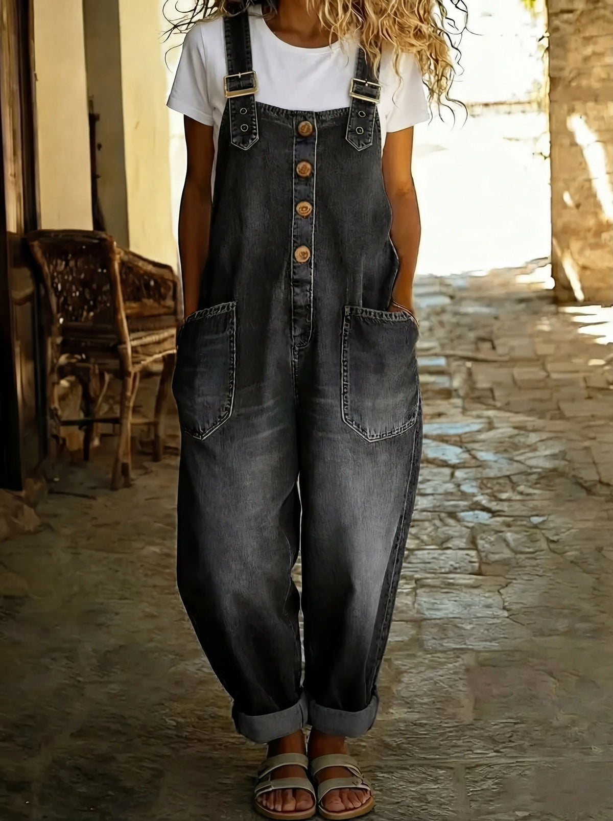 Women's Denim Overall Jumpsuit – Buckle Straps, Wide Leg bib pocket detail