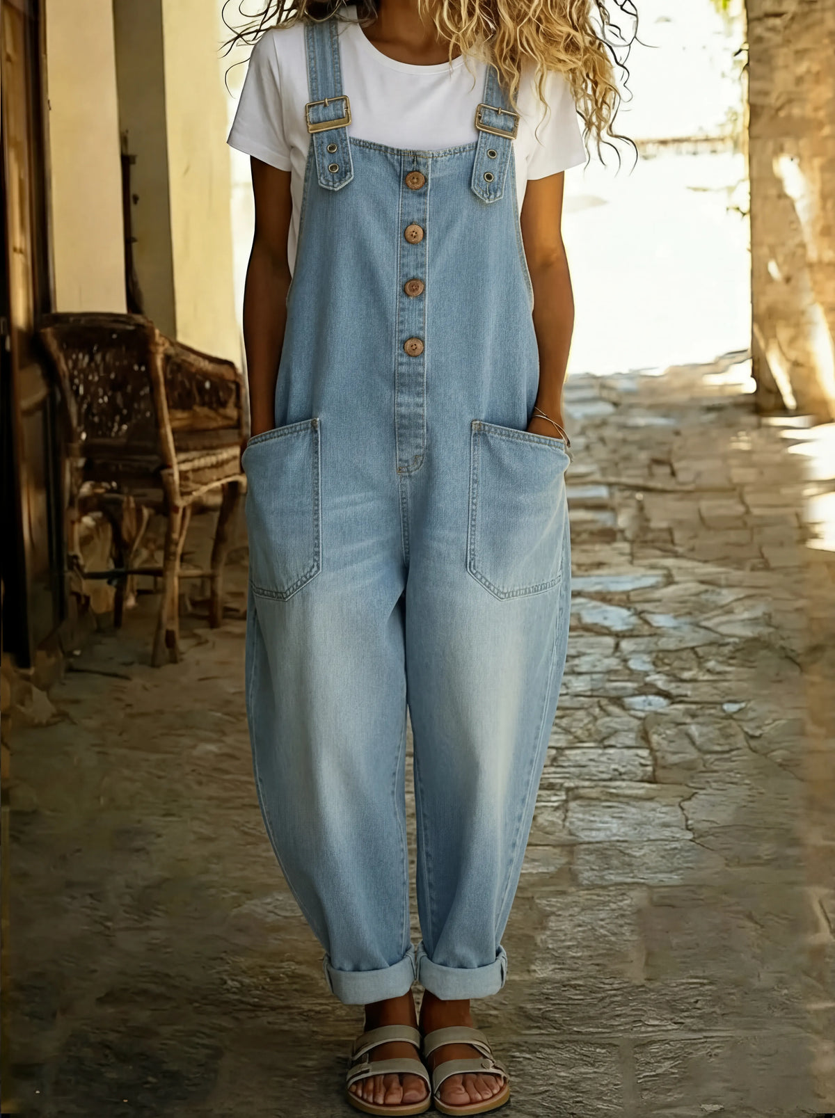 Women's Denim Overall Jumpsuit – Buckle Straps, Wide Leg side view