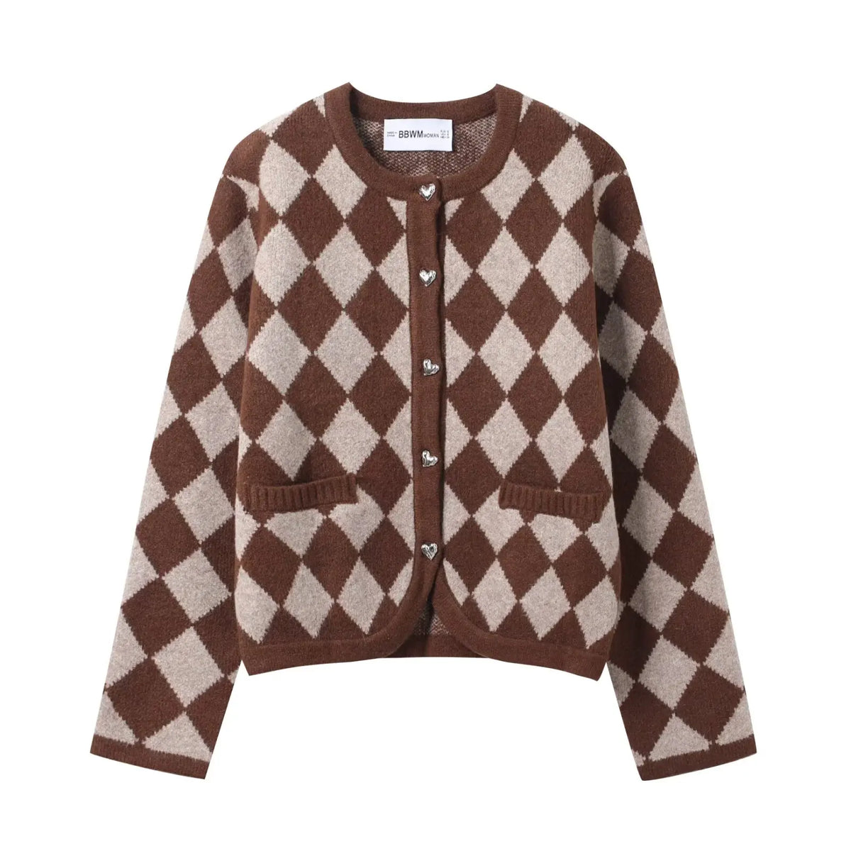 Women's Diamond-Pattern Cardigan with Shaped Button Closure and Front Pockets