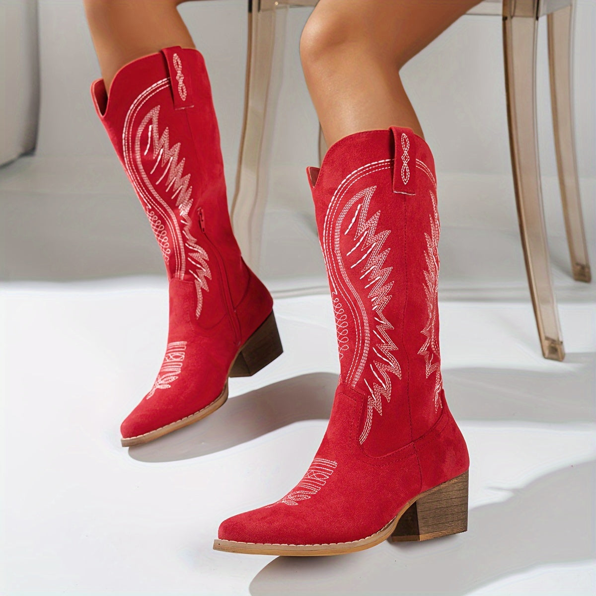 Women's Embroidered Western Knee-High Boots – Pointed Toe, Block Heel