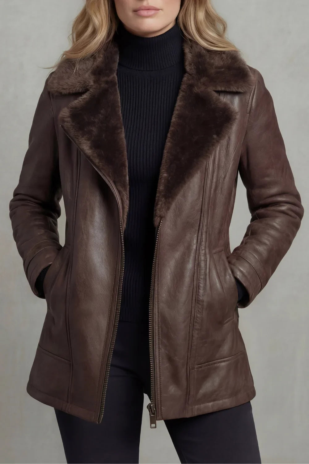 Women's Faux Fur Leather Jacket – Shearling Collar, Zip Front front view