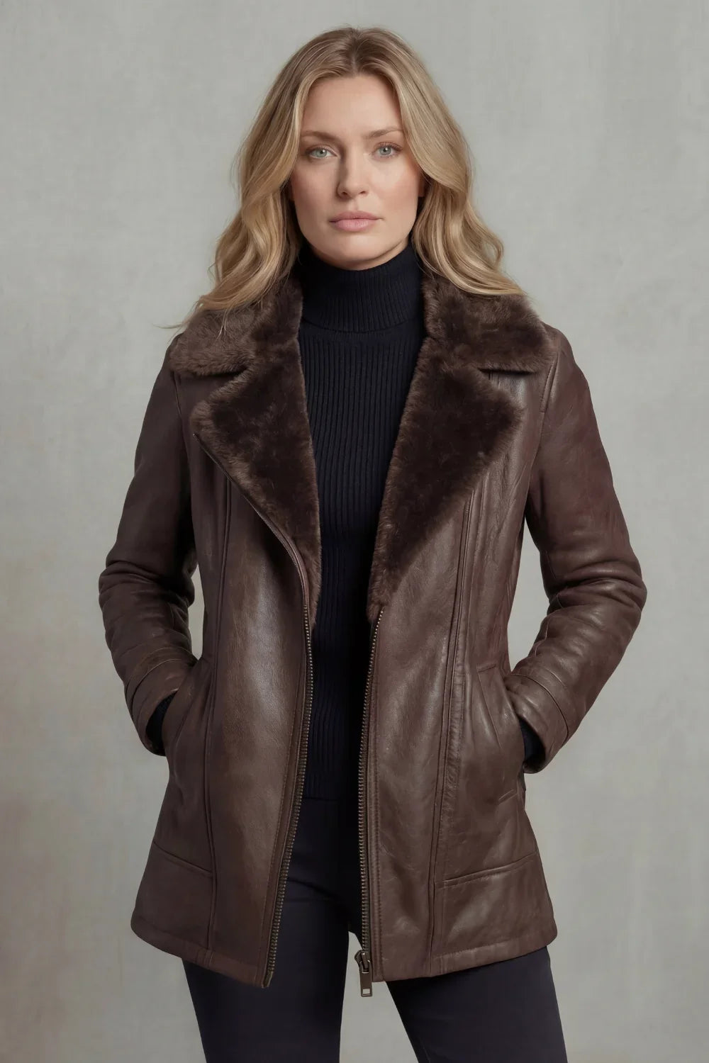 Women's Faux Fur Leather Jacket – Shearling Collar, Zip Front collar detail