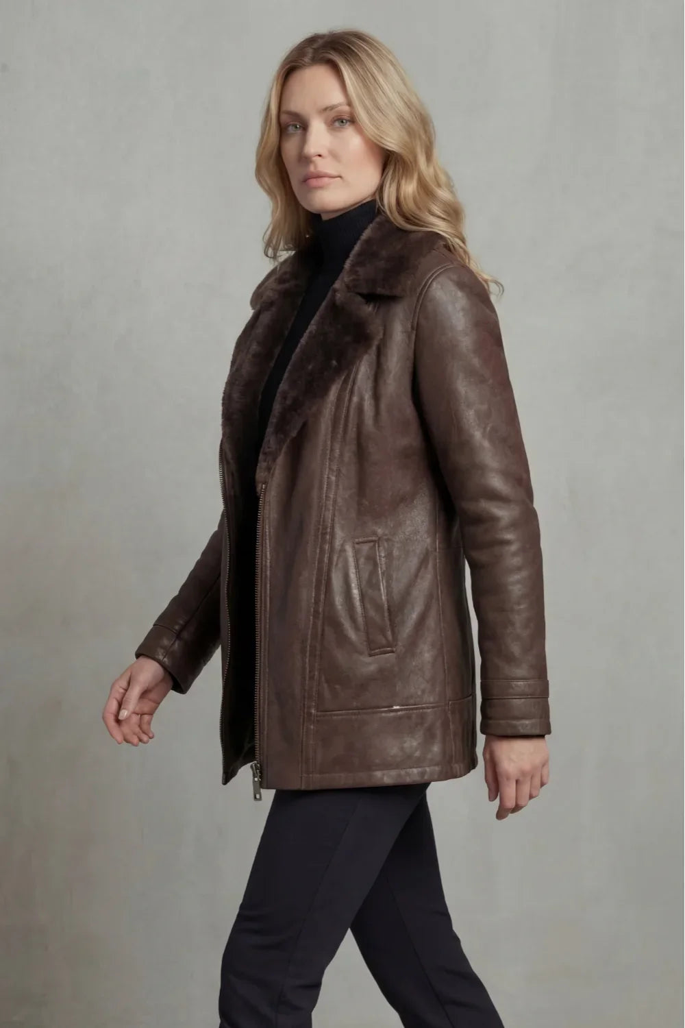 Women's Faux Fur Leather Jacket – Shearling Collar, Zip Front side view