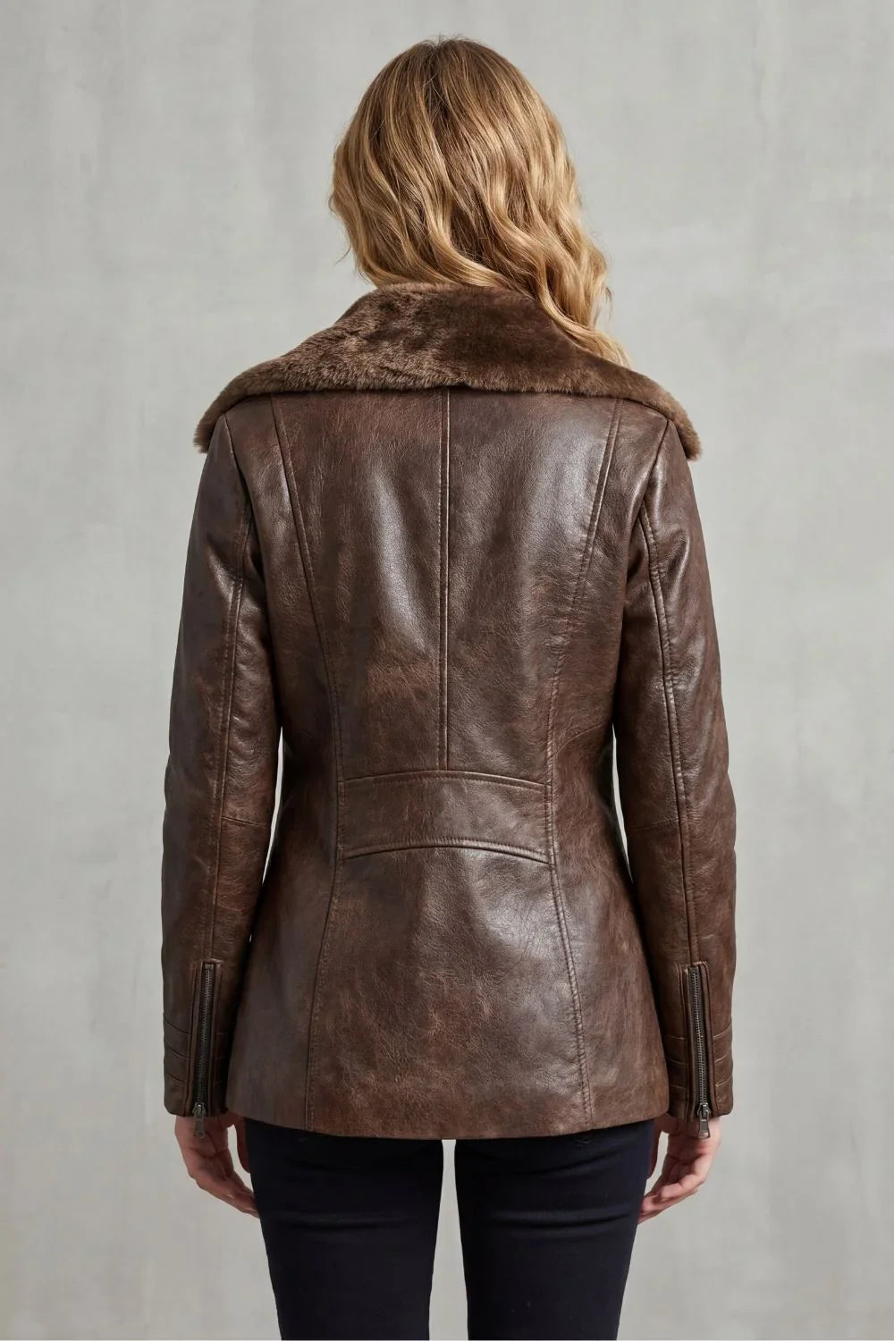 Women's Faux Fur Leather Jacket – Shearling Collar, Zip Front back view