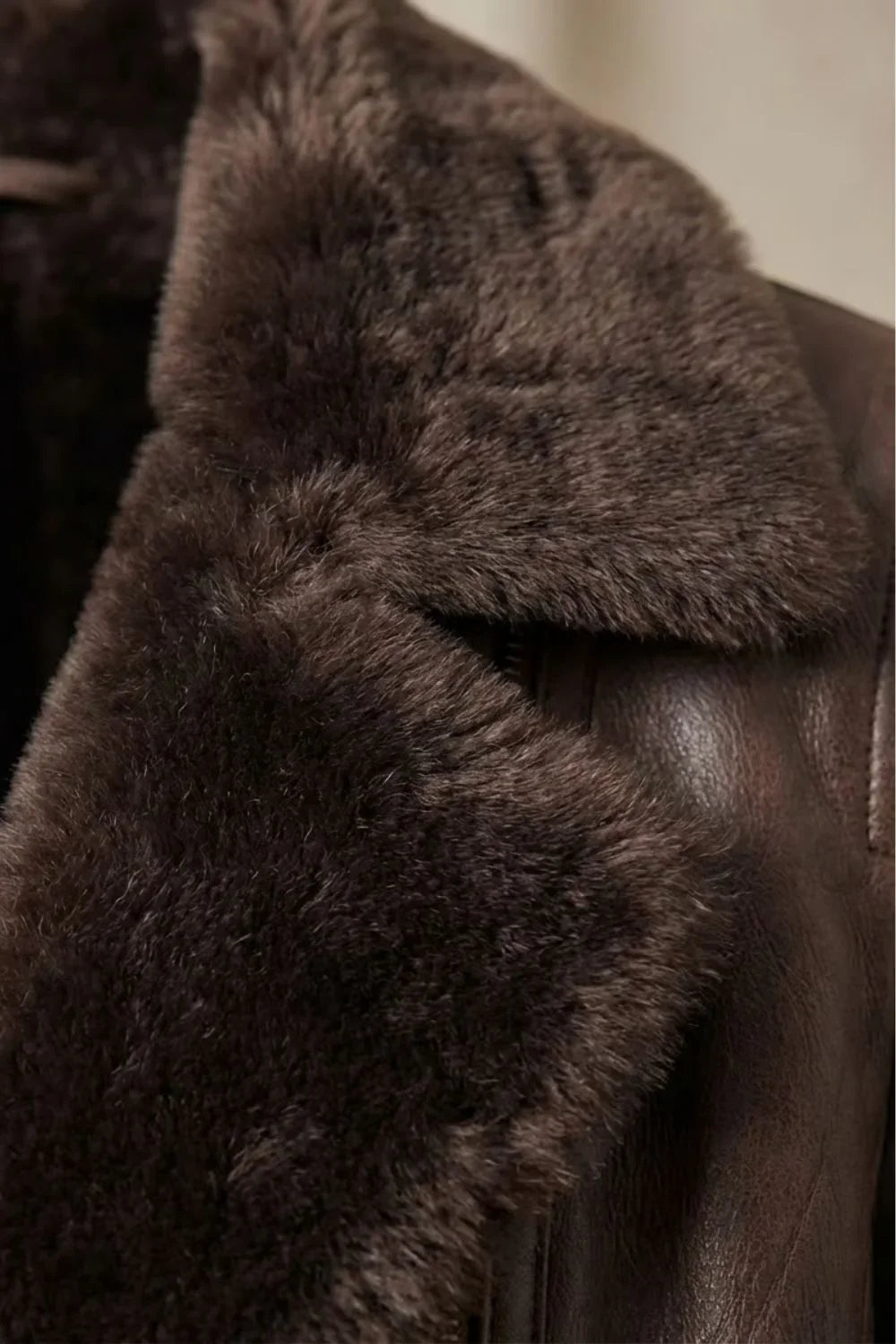 Women's Faux Fur Leather Jacket – Shearling Collar, Zip Front zip closure detail