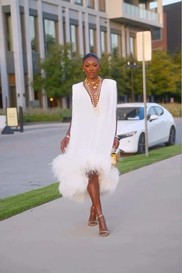Women's Feather Midi Dress – Deep V-Neck, Sleeveless feather hem detail