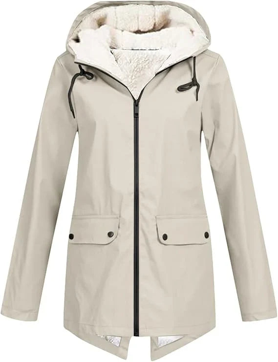 Women's Fleece Lined Rain Jacket – Hooded, Full Zip Flap Pockets