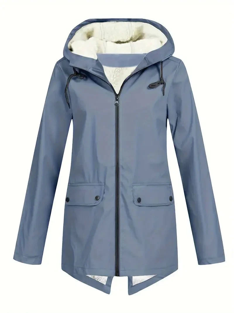 Women's Fleece Lined Rain Jacket – Hooded, Full Zip Flap Pockets