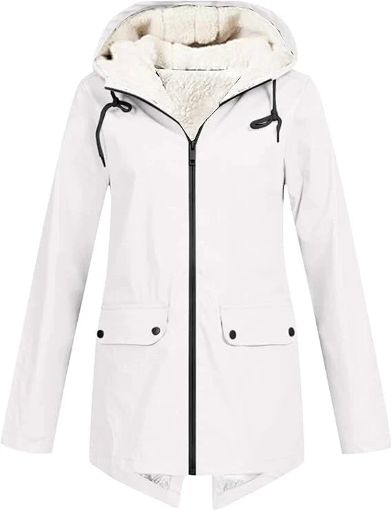 Women's Fleece Lined Rain Jacket – Hooded, Full Zip Flap Pockets