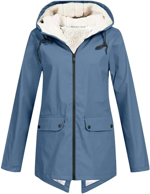 Women's Fleece Lined Rain Jacket – Hooded, Full Zip Flap Pockets