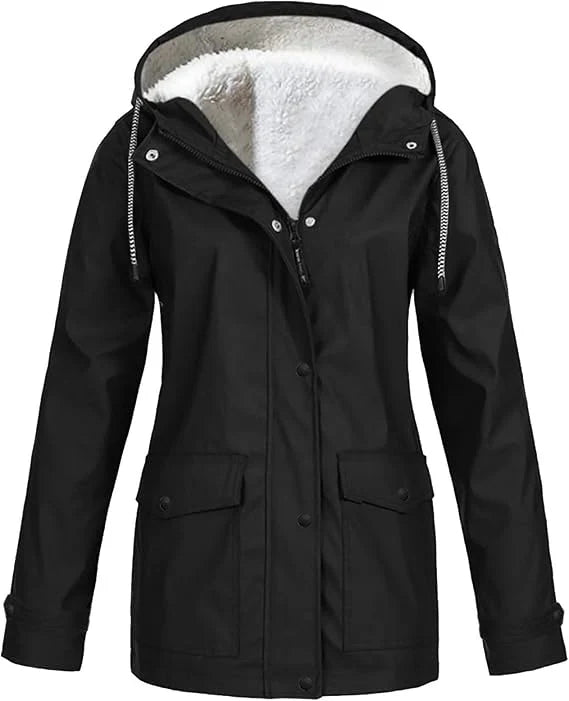 Women's Fleece Lined Rain Jacket – Hooded, Full Zip Flap Pockets