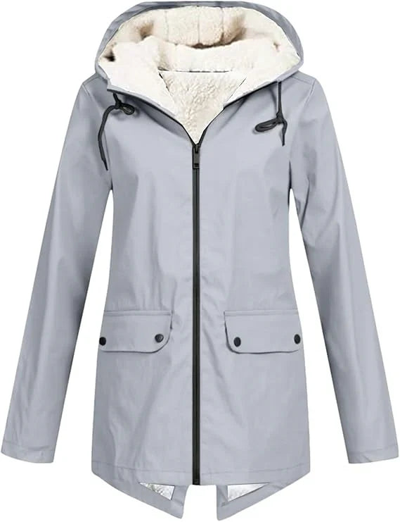 Women's Fleece Lined Rain Jacket – Hooded, Full Zip Flap Pockets