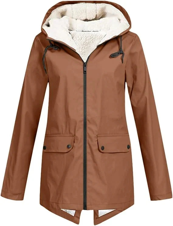 Women's Fleece Lined Rain Jacket – Hooded, Full Zip Flap Pockets