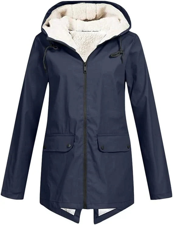 Women's Fleece Lined Rain Jacket – Hooded, Full Zip Flap Pockets