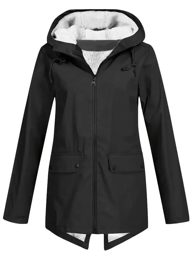 Women's Fleece Lined Rain Jacket – Hooded, Full Zip Flap Pockets