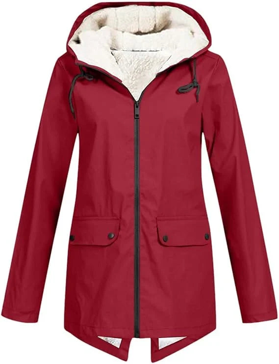 Women's Fleece Lined Rain Jacket – Hooded, Full Zip Flap Pockets
