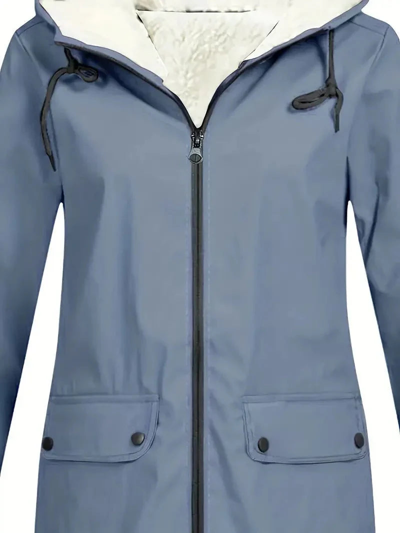 Women's Fleece Lined Rain Jacket – Hooded, Full Zip Flap Pockets