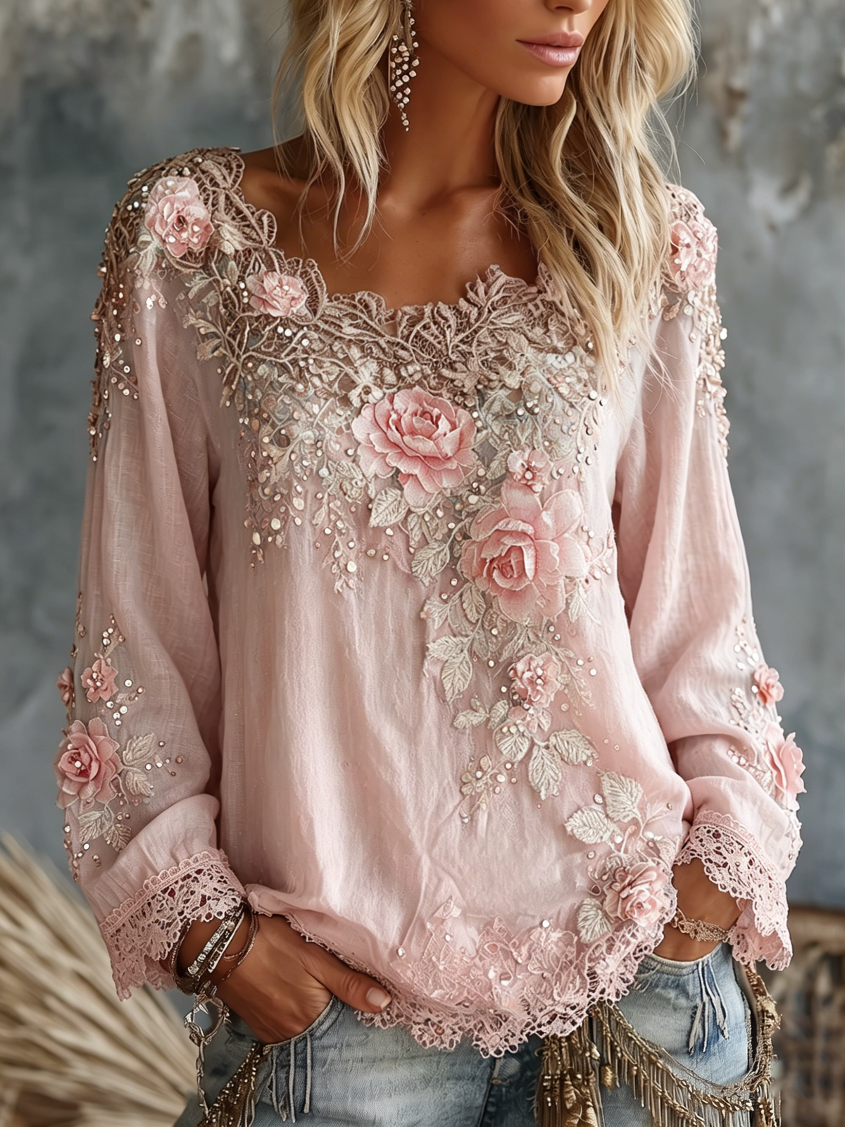 Women's Floral Embroidered Top – Crew Neck, Long Sleeve side view