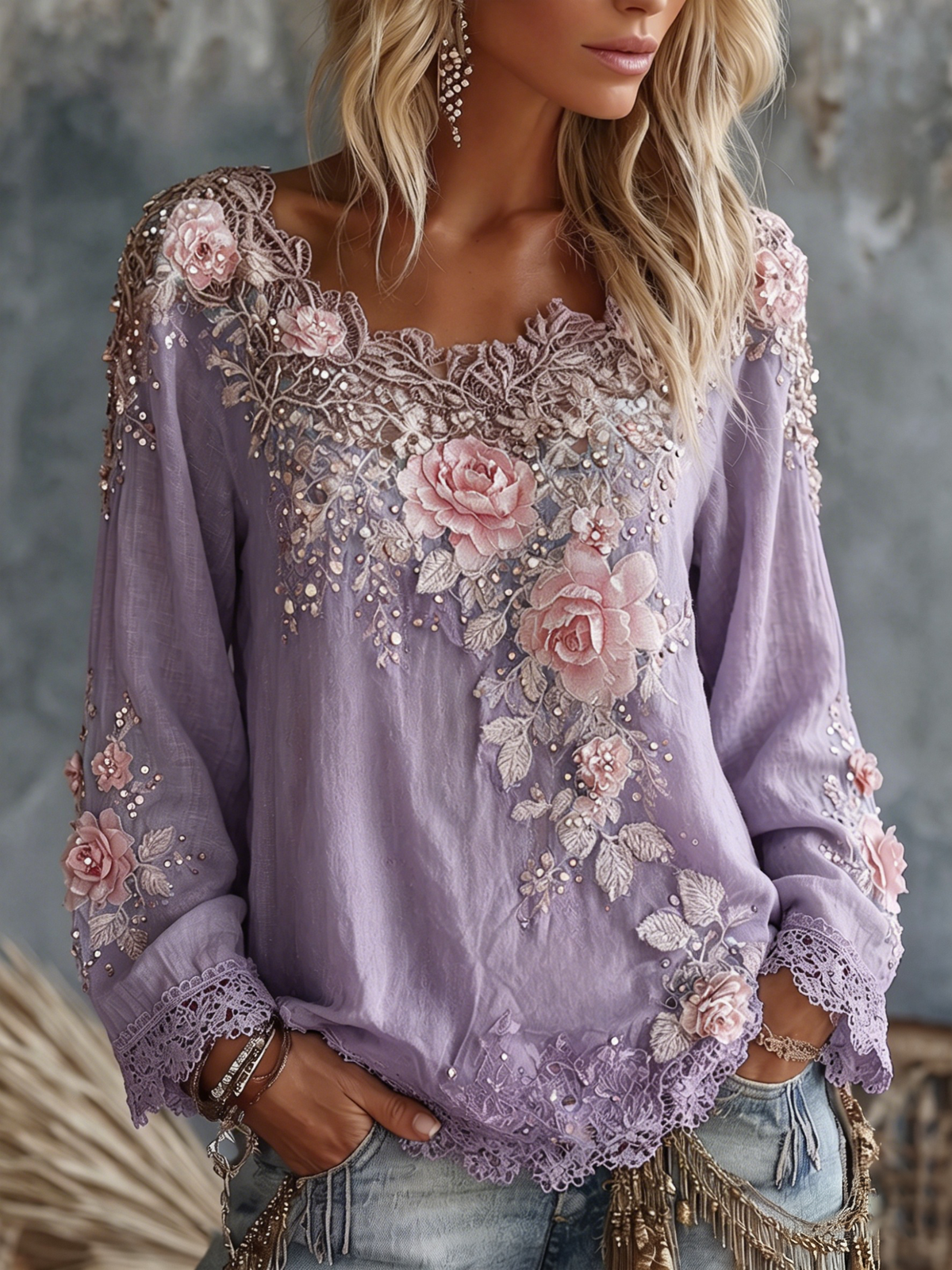 Women's Floral Embroidered Top – Crew Neck, Long Sleeve back view