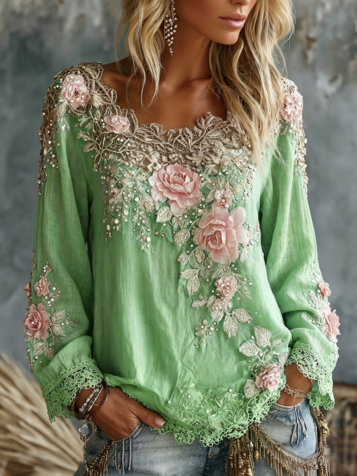 Women's Floral Embroidered Top – Crew Neck, Long Sleeve sleeve detail