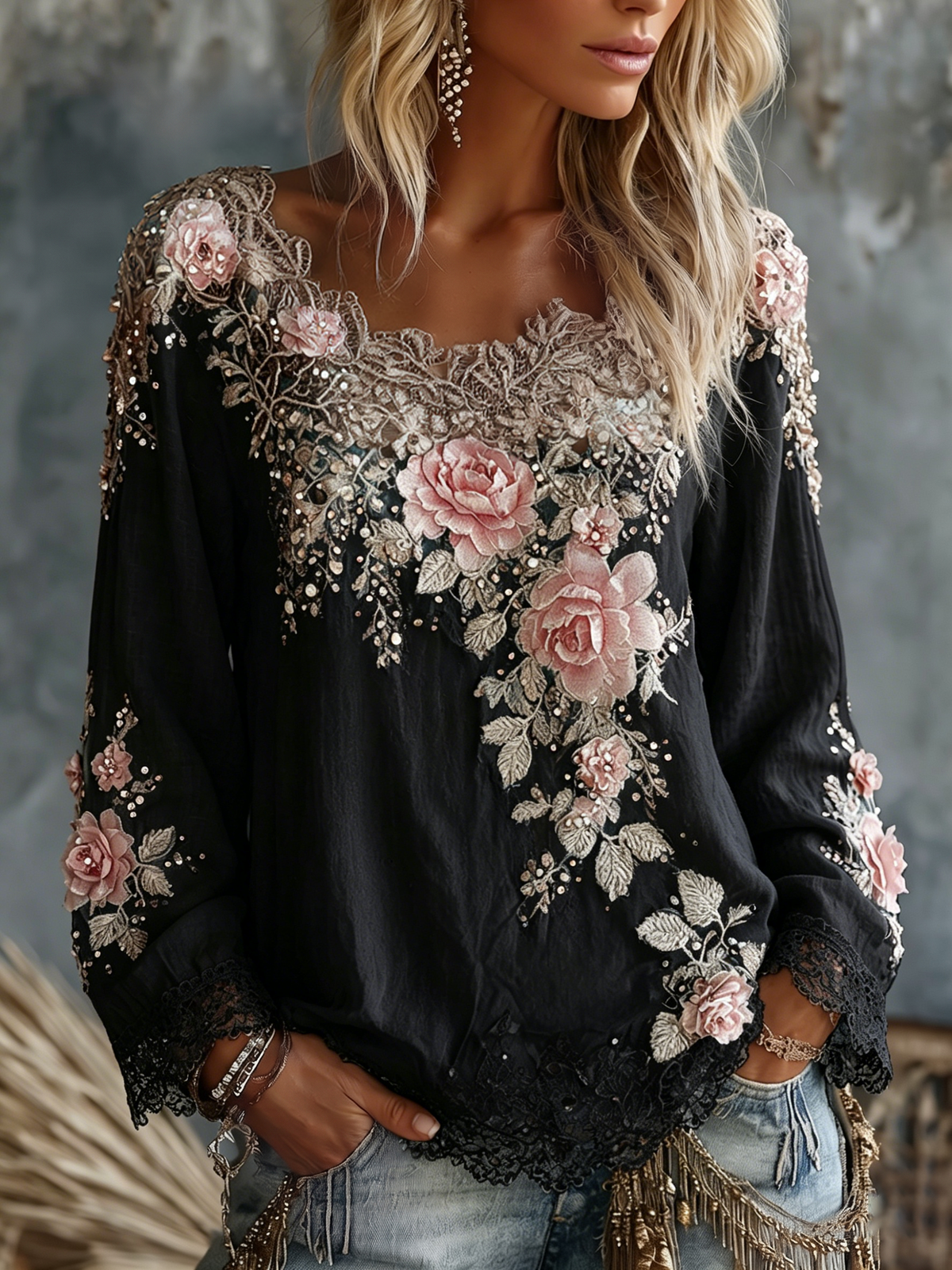Women's Floral Embroidered Top – Crew Neck, Long Sleeve fabric texture detail