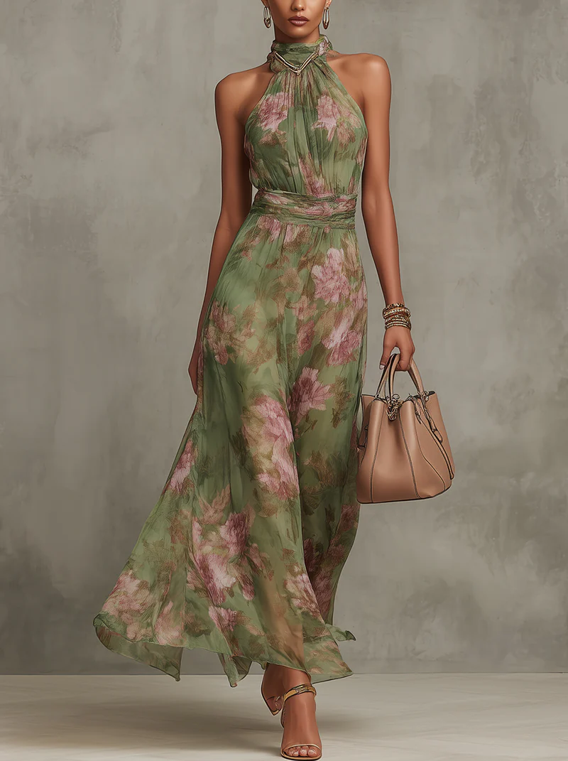 Women's halterneck floral maxi dress front view