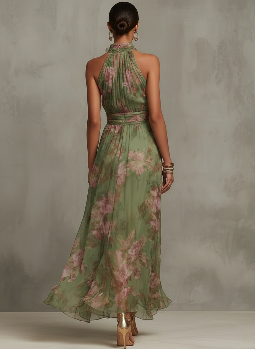 Women's floral maxi dress showing fitted waist and flowing skirt