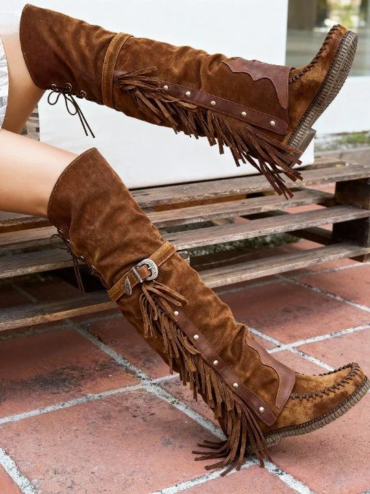 Women's High Knee Western Boots – Fringe Sides, Buckle Strap