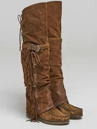 Women's High Knee Western Boots – Fringe Sides, Buckle Strap