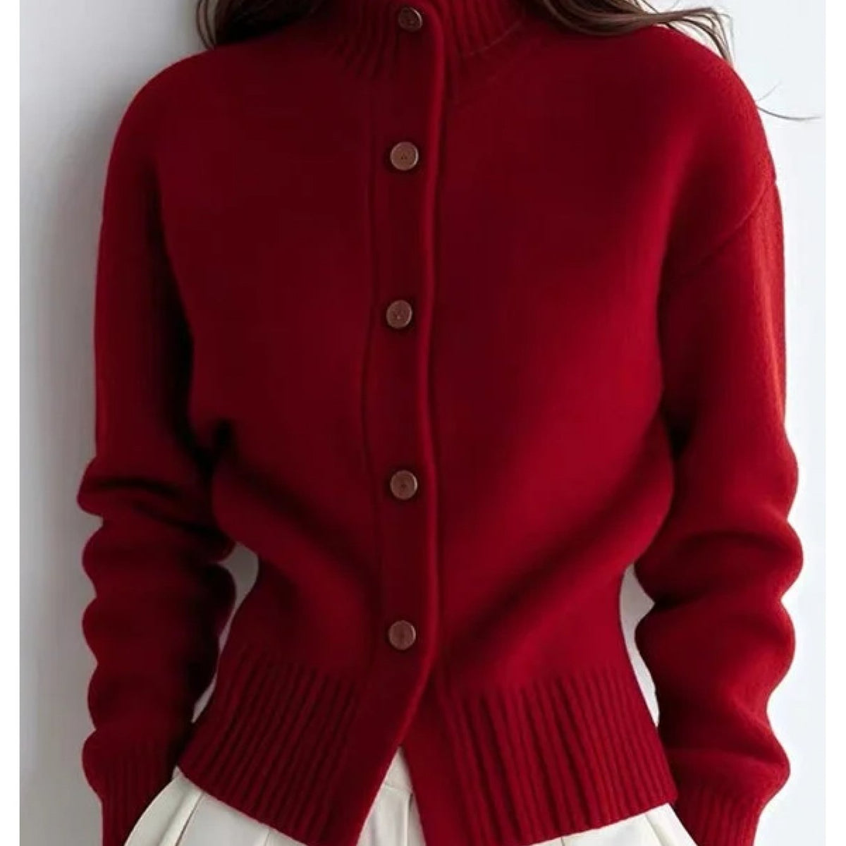Women's High-Neck Cardigan – Button Front, Ribbed Cuffs front view