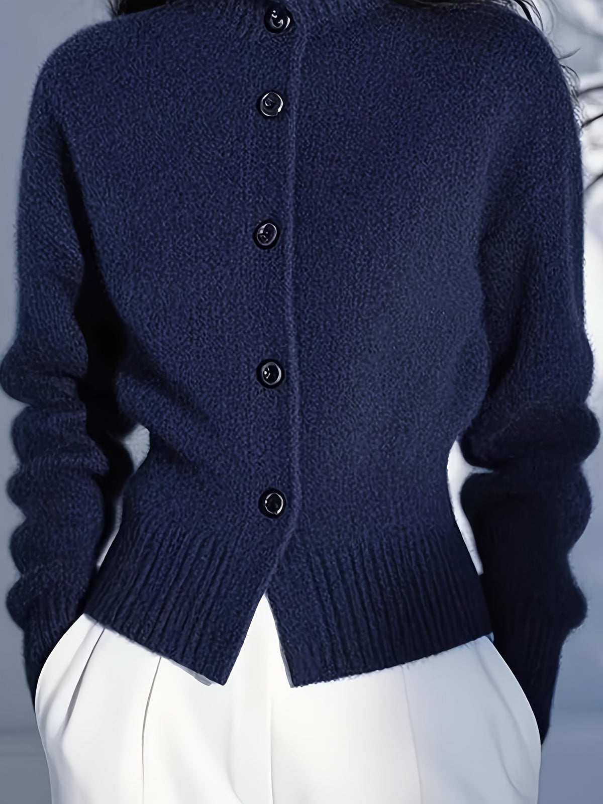 Women's High-Neck Cardigan – Button Front, Ribbed Cuffs collar close-up