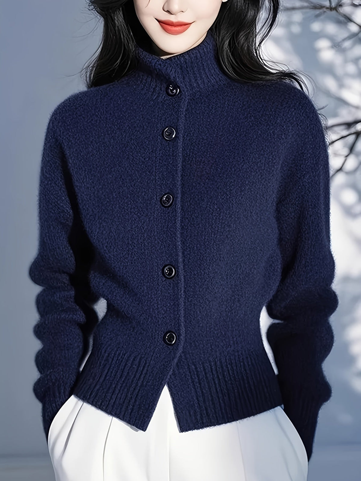 Women's High-Neck Cardigan – Button Front, Ribbed Cuffs full-length view