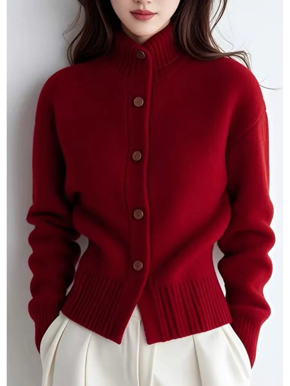 Women's High-Neck Cardigan – Button Front, Ribbed Cuffs side view
