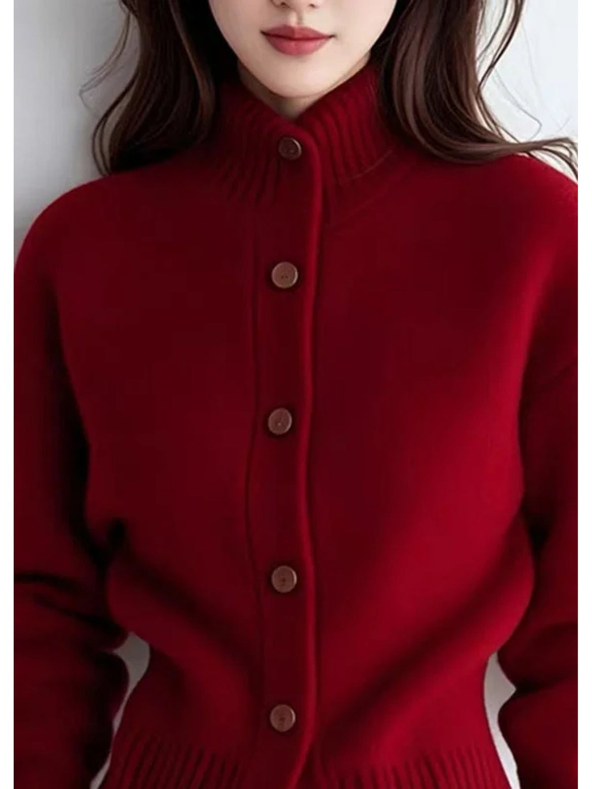 Women's High-Neck Cardigan – Button Front, Ribbed Cuffs button placket detail