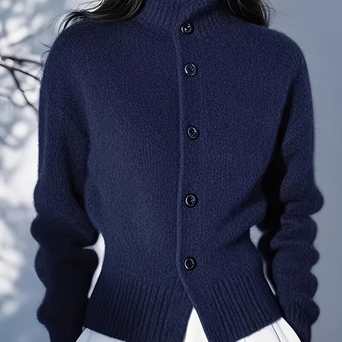 Women's High-Neck Cardigan – Button Front, Ribbed Cuffs ribbed hem detail