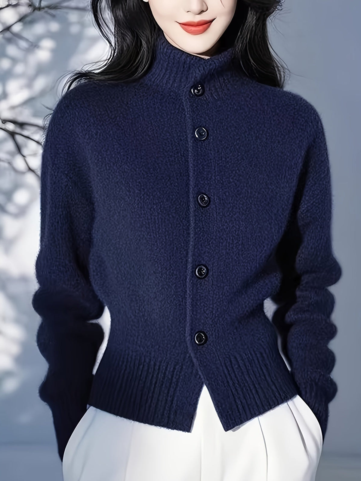 Women's High-Neck Cardigan – Button Front, Ribbed Cuffs sleeve view