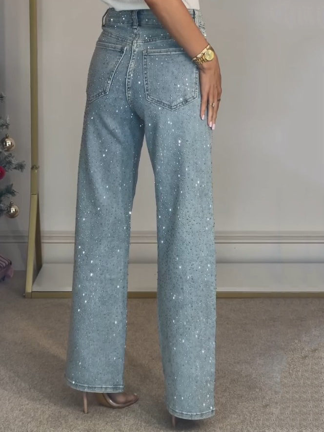 Jeans da donna a vita alta con borchie scintillanti e tasche